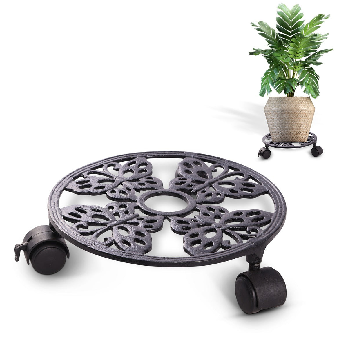 Sharpex Heavy Duty Plant Pot Trolley with Wheels | 1 PC Round Plant Stand with Wheels for Indoor & Outdoor Pots, Rolling Wheels Metal Potted Plant Holder for House, Garden & Patio (TRL-BL-030)