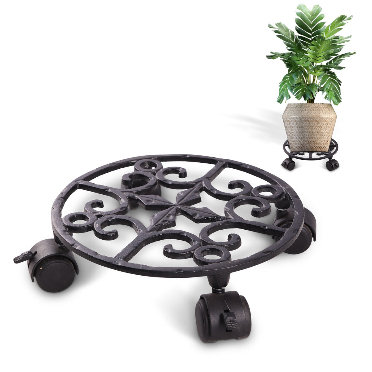 Sharpex Heavy Duty Plant Pot Trolley with Wheels | 1 PC Round Plant Stand with Wheels for Indoor & Outdoor Pots, Rolling Wheels Metal Potted Plant Holder for House, Garden & Patio (TRL-BL-033)