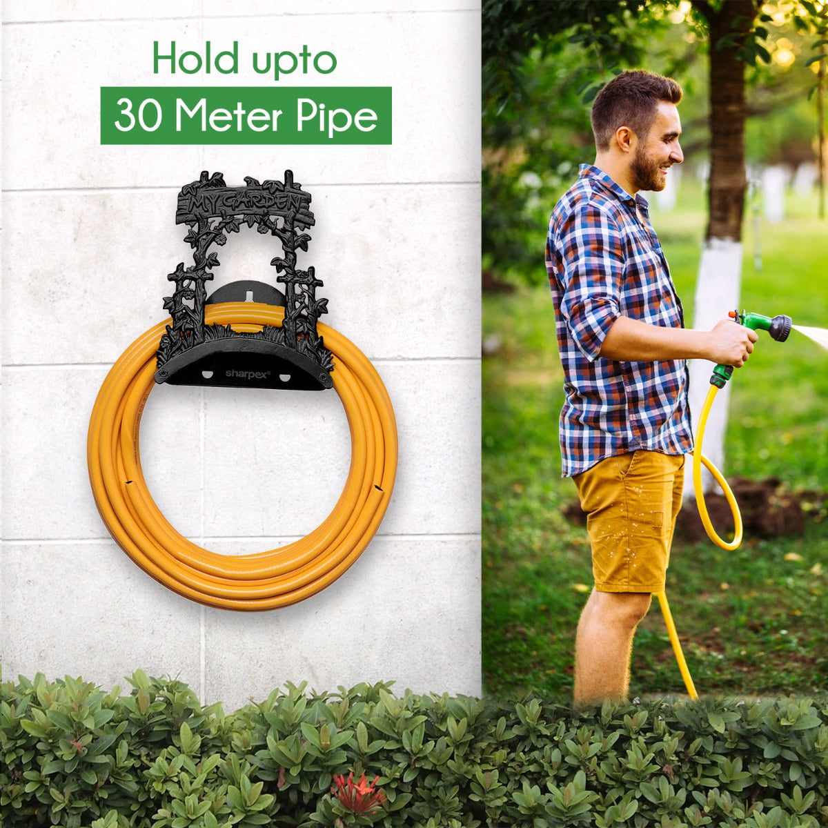 Sharpex DIY Hose Hanger for Garden Pipe | Decorative Wall Mounted Garden Pipe Holder for Hotel, Backyard, Garden, and Indoor - Outdoor | Heavy Duty Metal Portable Hose Pipe Holder Only (HOS-BL-018)