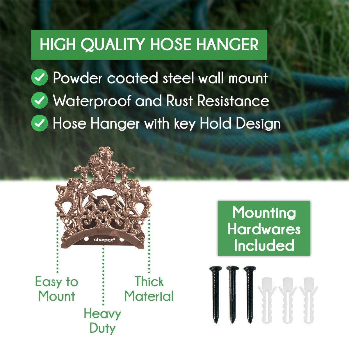 Sharpex DIY Hose Hanger for Garden Pipe | Decorative Wall Mounted Garden Pipe Holder for Hotel, Backyard, Garden, and Indoor - Outdoor | Heavy Duty Metal Portable Hose Pipe Holder Only (Gold, HOS-GL-017)