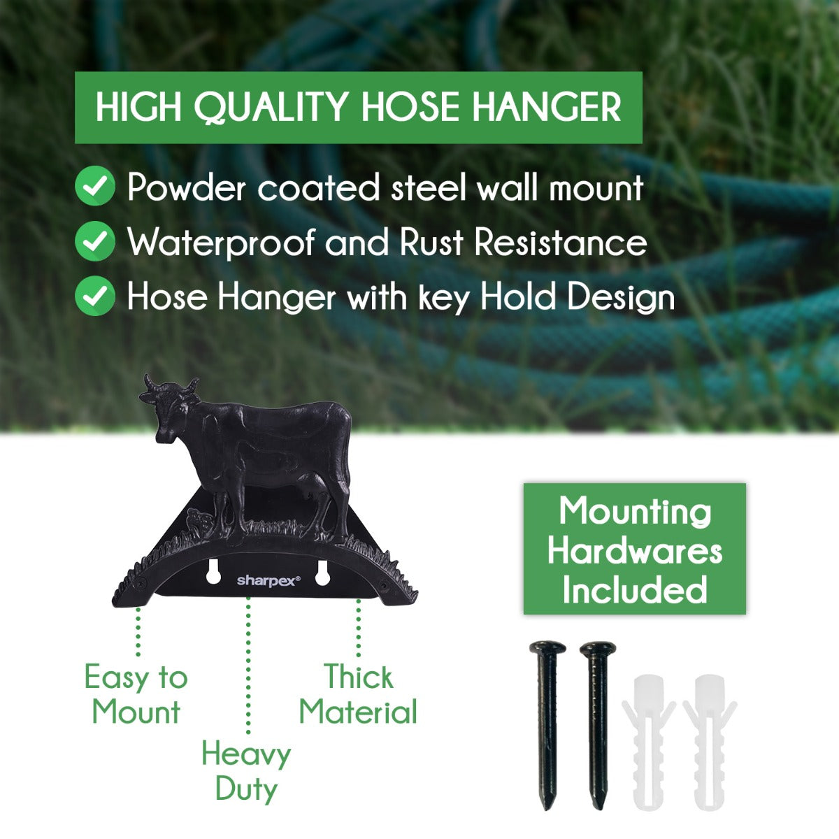 Sharpex DIY Hose Hanger for Garden Pipe | Decorative Wall Mounted Garden Pipe Holder for Hotel, Backyard, Garden, and Indoor - Outdoor | Heavy Duty Metal Portable Hose Pipe Holder Only (HOS-BL-024)