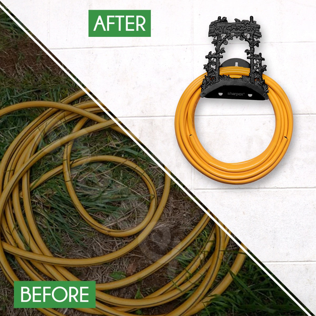 Sharpex DIY Hose Hanger for Garden Pipe | Decorative Wall Mounted Garden Pipe Holder for Hotel, Backyard, Garden, and Indoor - Outdoor | Heavy Duty Metal Portable Hose Pipe Holder Only (HOS-BL-018)