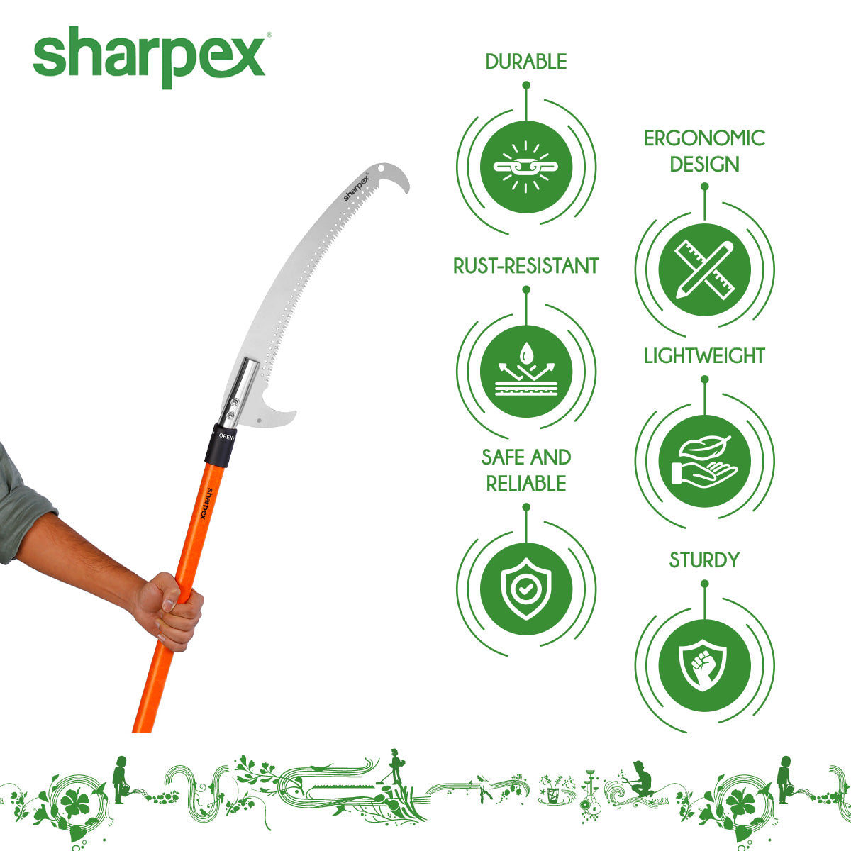 Sharpex 10 FT Pole Saw for Tree Trimming | 6 to 10 feet Long Extension Telescopic Manual Pruning Saw, Tree Branch Cutter For Long Trees, Yard Garden Patios | 43 cm Long Sharp Curved Steel Blade