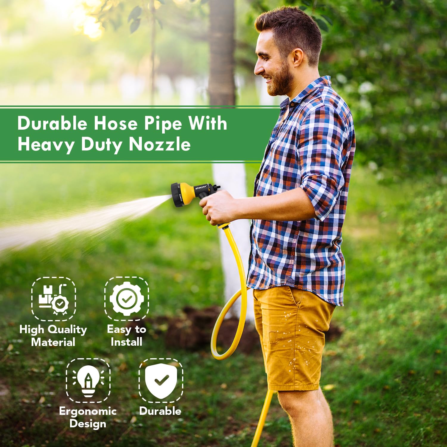 Sharpex Combo Of 10 Meter 0.5 Inch Hose Pipe and High-Pressure Water Gun Nozzle Spray Garden Hose, Lawn, Car, Bike Washing, Pets cleaning Sprinkler Water Gun Heavy Duty Lightweight, Durable & Flexible (CO-HOSE-NOS-YL-001-N)