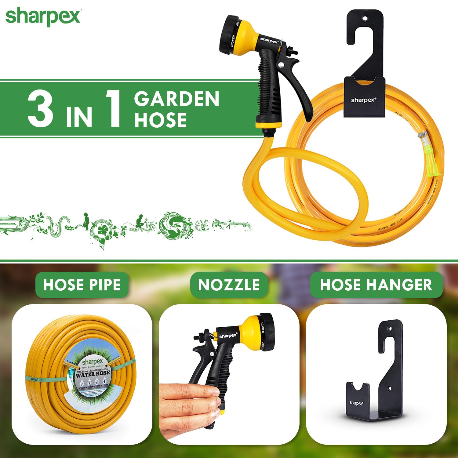 Sharpex Combo of 3 Hose Pipe with Nozzle and Pipe Holder | 10 Meter Yellow Durable Hose Pipe For Gardening | 6 Mode High Pressure Water Gun Nozzle | Heavy Duty Wall Mount Hose Hanger for Yard Lawn (CO-YL-HOS-012-001-N)
