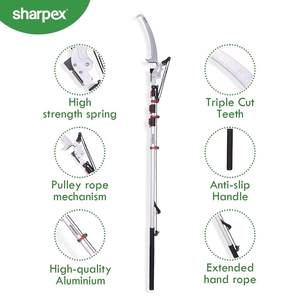 Sharpex 3 Stage Telescopic Long Cutter for Tree | 18 Feet Tree Pole Pruner Handle Adjustable (8 feet To 18 feet) Pruning Saw for Branch Long Reach Tree Trimming, and Patio Trees Branches Cutting (LC3-fba)