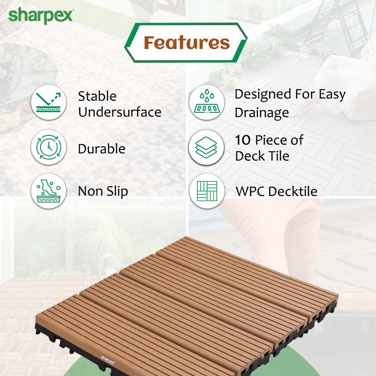 Sharpex WPC Deck Tiles with Interlocking | 10 Piece Floor Decking Water Resistant Tile for Balcony, Terrace, Garden, Poolside | Quick Flooring Solution for Indoor/Outdoor(CO10-TIL-TK-010)