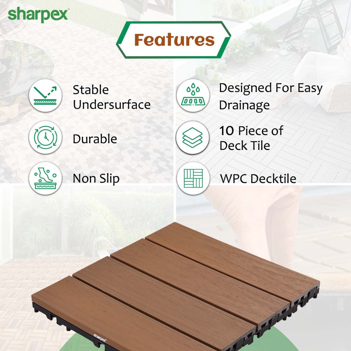 Sharpex WPC Deck Tiles with Interlocking | 10 Piece Floor Decking Water Resistant Tile for Balcony, Terrace, Garden, Poolside | Quick Flooring Solution for Indoor/Outdoor(CO10-TIL-TK-014)