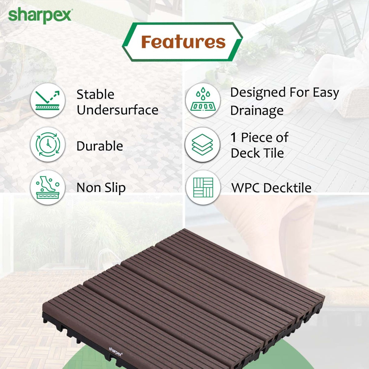 Sharpex WPC Deck Tiles with Interlocking | 1 Piece Floor Decking Water Resistant Tile for Balcony, Terrace, Garden, Poolside | Quick Flooring Solution for Indoor/Outdoor(TIL-CF-010)