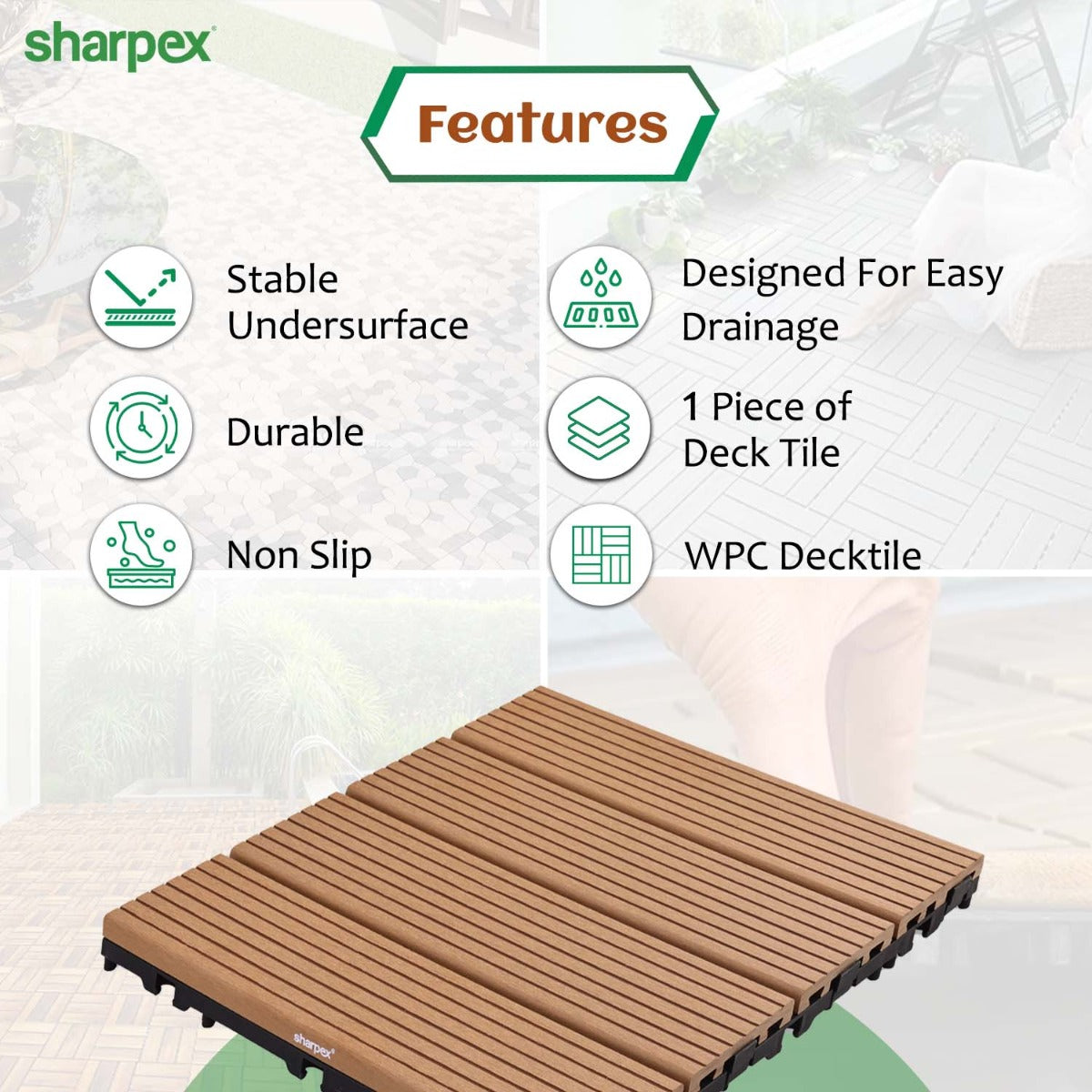 Sharpex WPC Deck Tiles with Interlocking | 1 Piece Floor Decking Water Resistant Tile for Balcony, Terrace, Garden, Poolside | Quick Flooring Solution for Indoor/Outdoor(TIL-TK-010)
