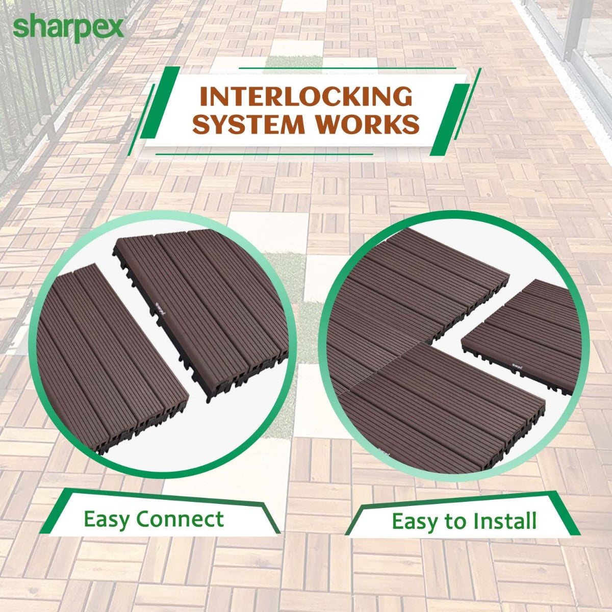 Sharpex WPC Deck Tiles with Interlocking | 1 Piece Floor Decking Water Resistant Tile for Balcony, Terrace, Garden, Poolside | Quick Flooring Solution for Indoor/Outdoor(TIL-CF-010)