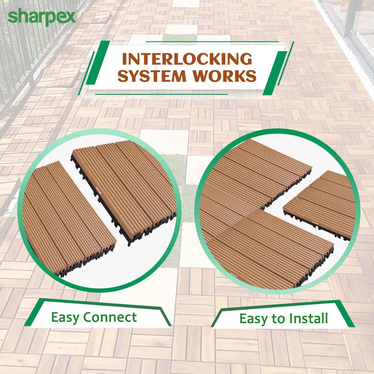 Sharpex WPC Deck Tiles with Interlocking | 10 Piece Floor Decking Water Resistant Tile for Balcony, Terrace, Garden, Poolside | Quick Flooring Solution for Indoor/Outdoor(CO10-TIL-TK-010)