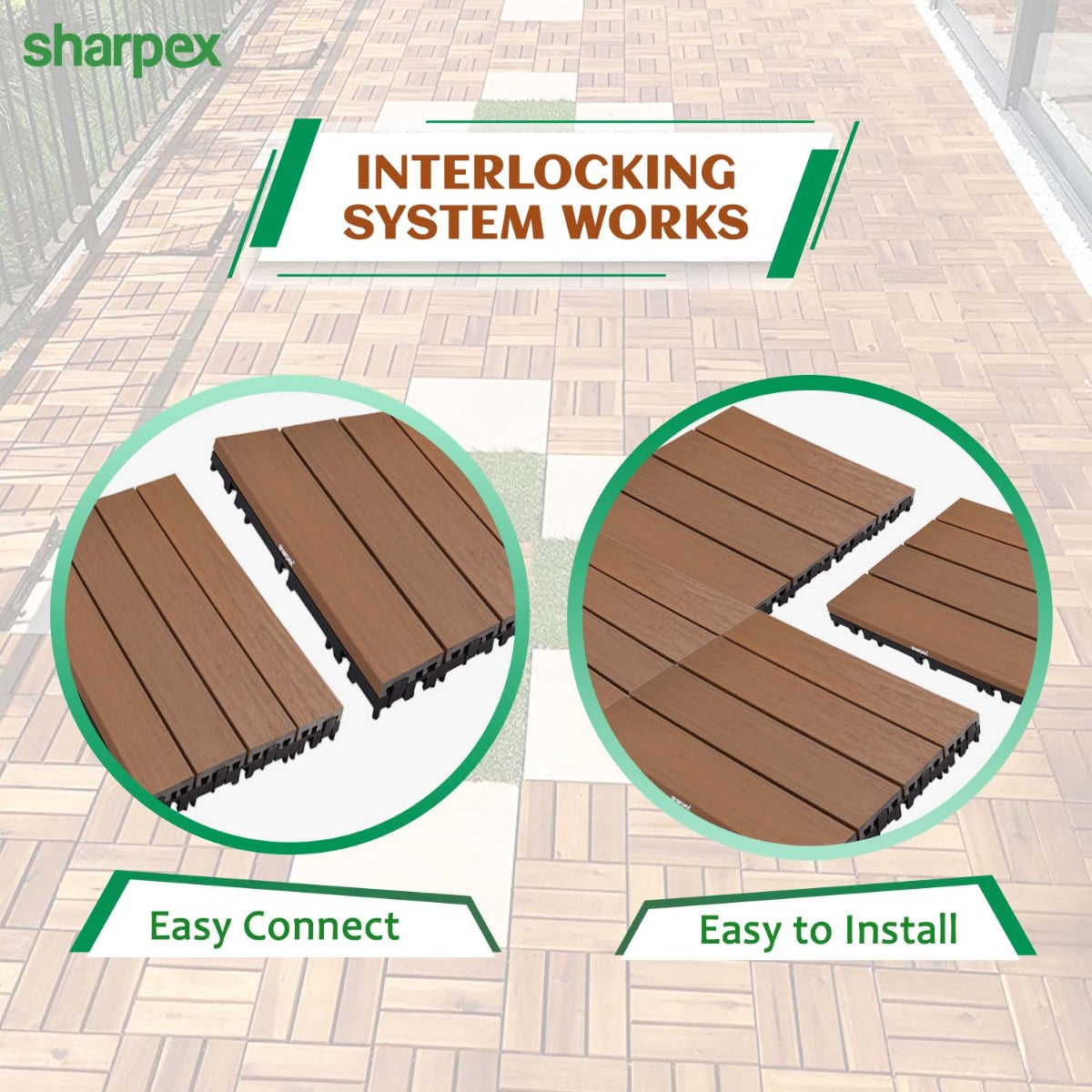 Sharpex WPC Deck Tiles with Interlocking | 10 Piece Floor Decking Water Resistant Tile for Balcony, Terrace, Garden, Poolside | Quick Flooring Solution for Indoor/Outdoor(CO10-TIL-TK-014)