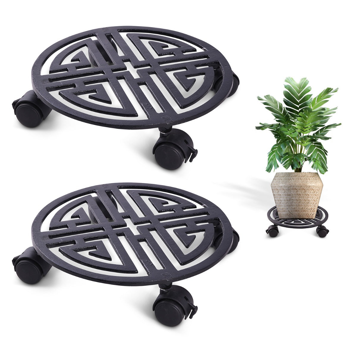 Sharpex Heavy Duty Plant Pot Trolley with Wheels | 2 PC Round Plant Stand with Wheels for Indoor & Outdoor Pots, Rolling Wheels Metal Potted Plant Holder for House, Garden & Patio (CO-TRL-BL-029)