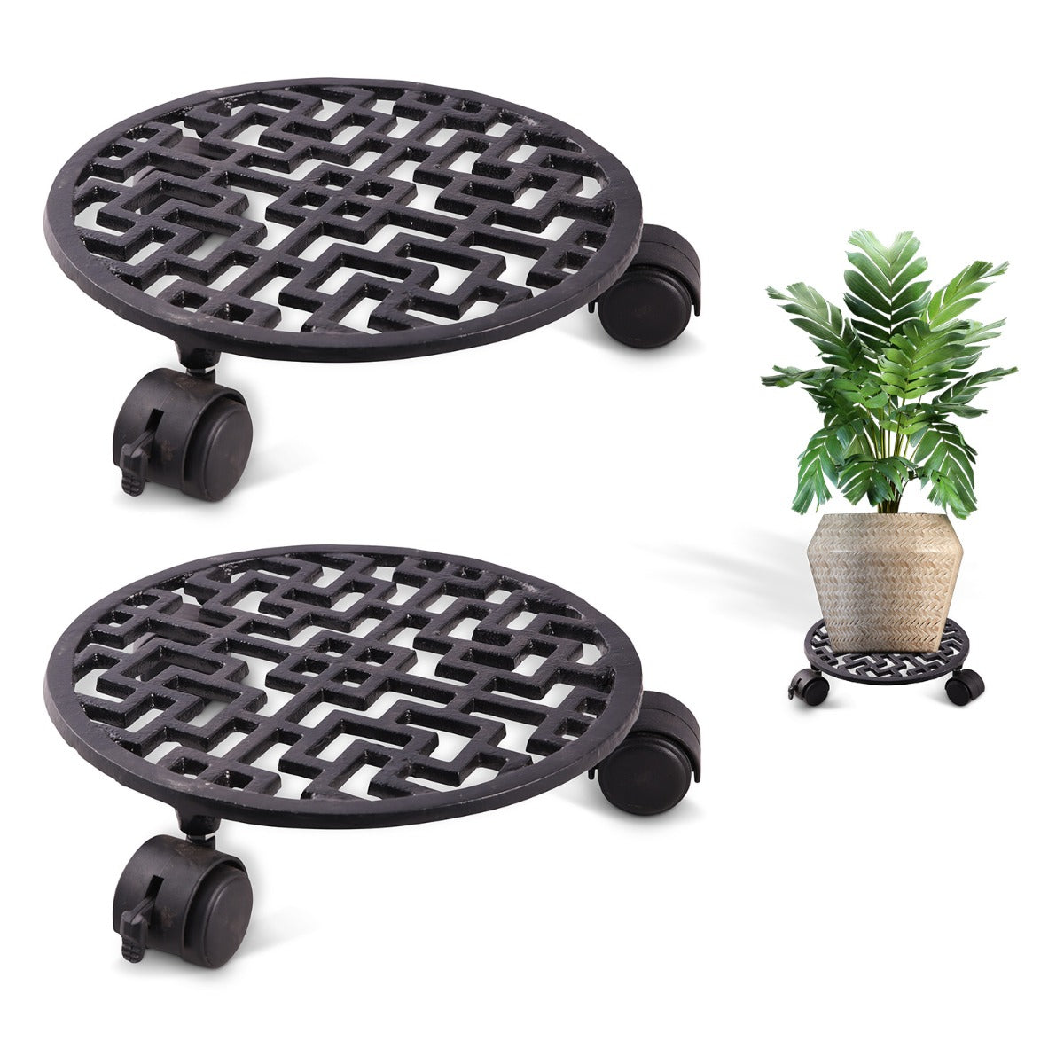 Sharpex Heavy Duty Plant Pot Trolley with Wheels | 2 PC Round Plant Stand with Wheels for Indoor & Outdoor Pots, Rolling Wheels Metal Potted Plant Holder for House, Garden & Patio (CO-TRL-BL-031)