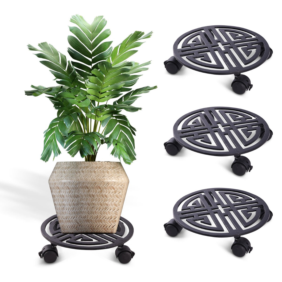 Sharpex Heavy Duty Plant Pot Trolley with Wheels | 4 PC Round Plant Stand with Wheels for Indoor & Outdoor Pots, Rolling Wheels Metal Potted Plant Holder for House, Garden & Patio (CO4-TRL-BL-029)