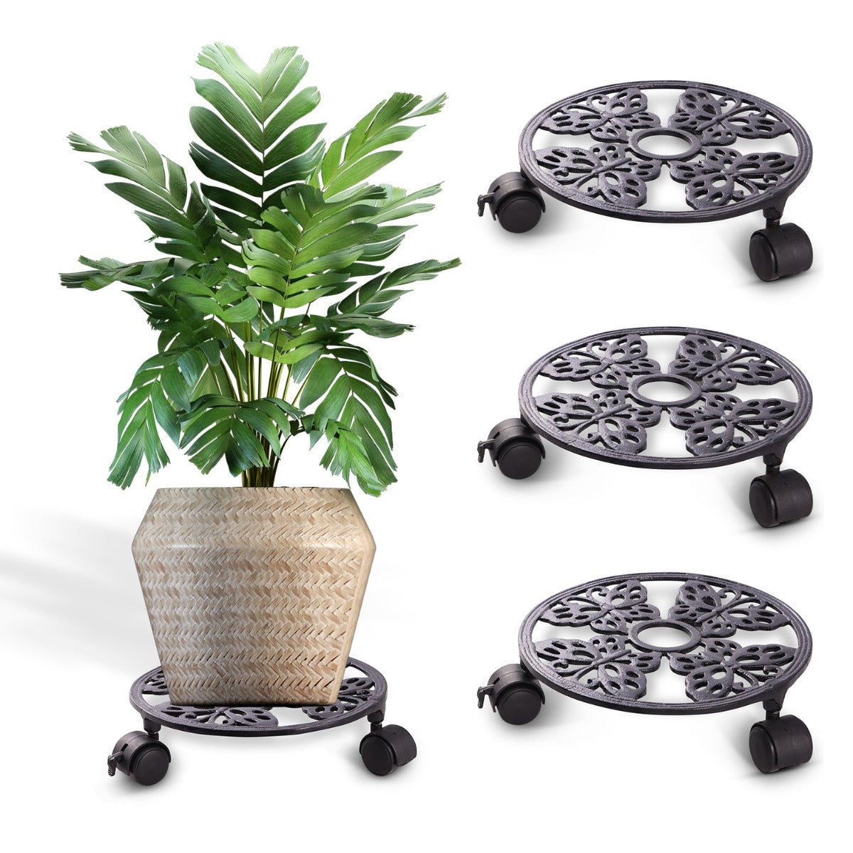 Sharpex Heavy Duty Plant Pot Trolley with Wheels | 4 PC Round Plant Stand with Wheels for Indoor & Outdoor Pots, Rolling Wheels Metal Potted Plant Holder for House, Garden & Patio (CO4-TRL-BL-030)