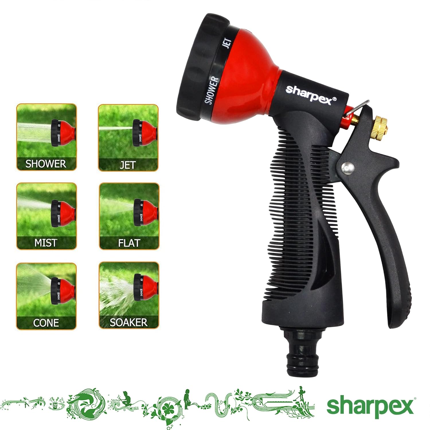 Sharpex Garden-Hose-Nozzle, Heavy Metal Water Spray Nozzle with 6 Adjustable Watering Patterns, Red