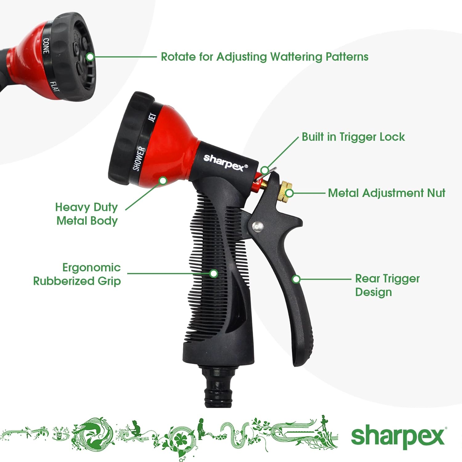 Sharpex Garden-Hose-Nozzle, Heavy Metal Water Spray Nozzle with 6 Adjustable Watering Patterns, Red