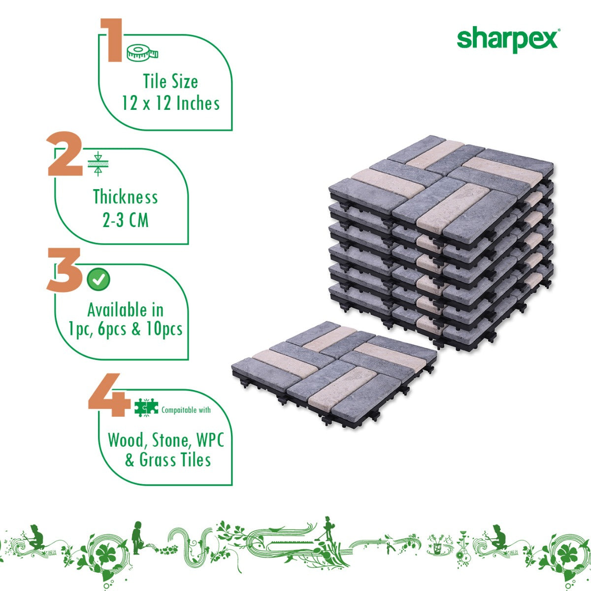 Sharpex Stone Deck Tiles with Interlocking | 1 Piece Stone Floor Decking Water Resistant Tile for Balcony, Terrace, Garden, Poolside