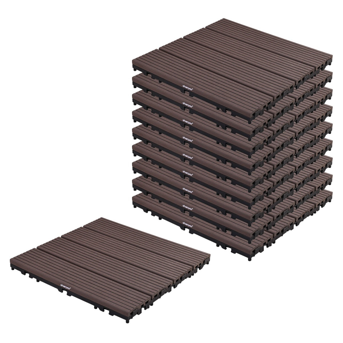 Sharpex WPC Deck Tiles with Interlocking | 10 Piece Floor Decking Water Resistant Tile for Balcony, Terrace, Garden, Poolside | Quick Flooring Solution for Indoor/Outdoor(CO10-TIL-CF-010)