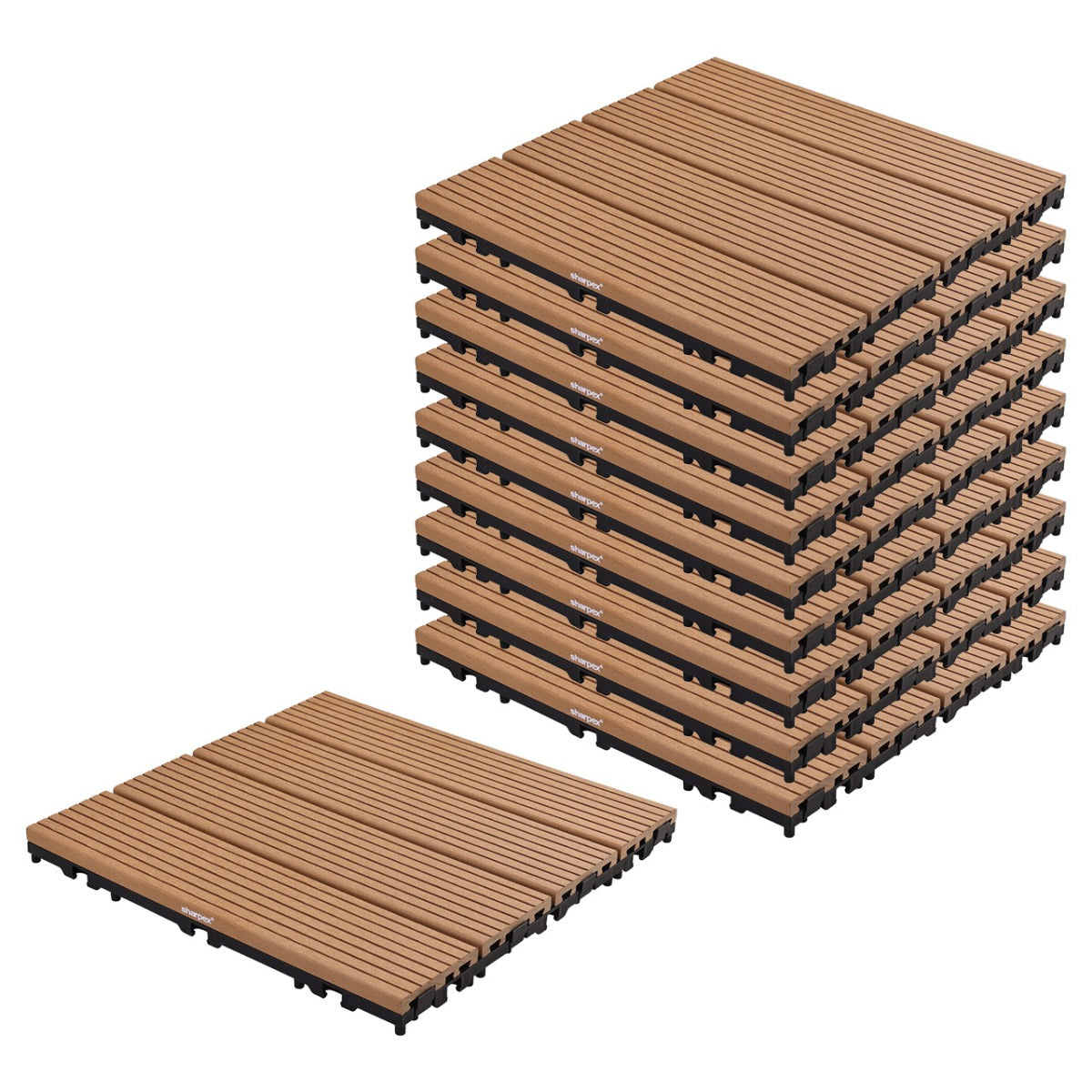 Sharpex WPC Deck Tiles with Interlocking | 10 Piece Floor Decking Water Resistant Tile for Balcony, Terrace, Garden, Poolside | Quick Flooring Solution for Indoor/Outdoor(CO10-TIL-TK-010)