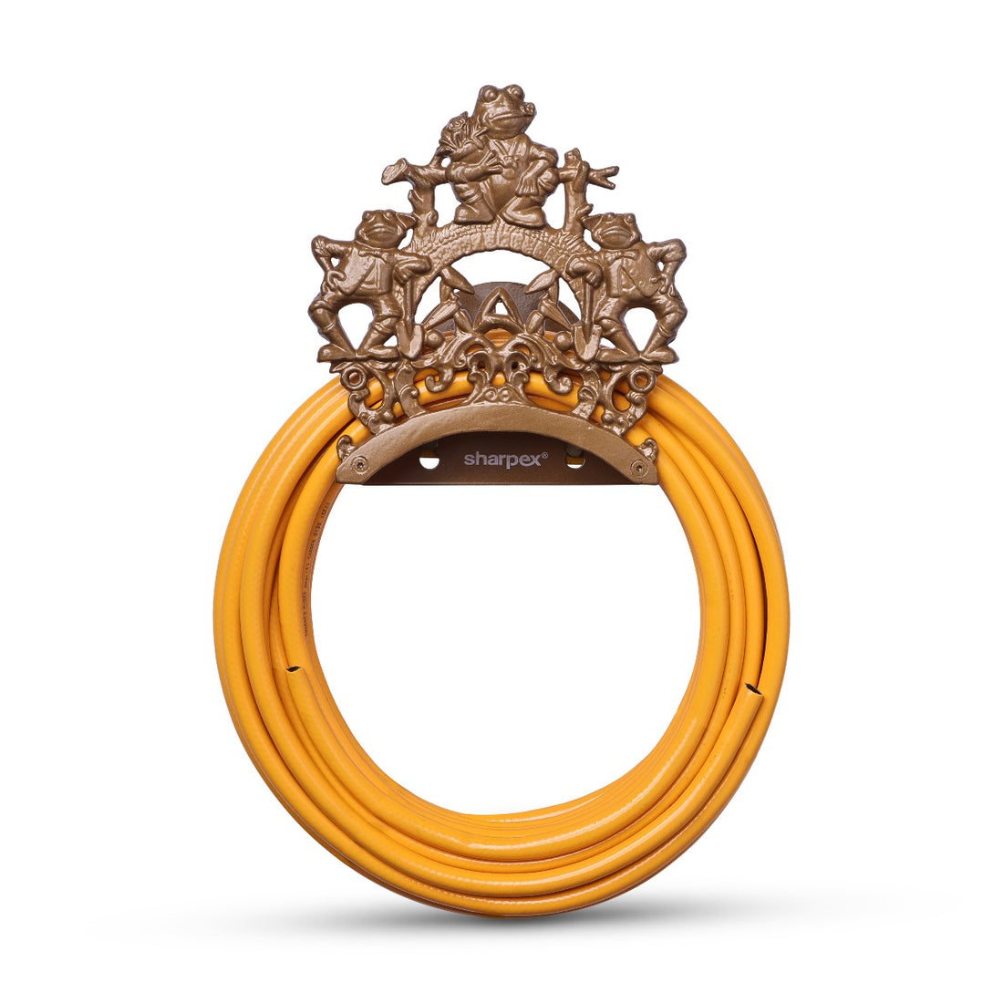 Sharpex DIY Hose Hanger for Garden Pipe | Decorative Wall Mounted Garden Pipe Holder for Hotel, Backyard, Garden, and Indoor - Outdoor | Heavy Duty Metal Portable Hose Pipe Holder Only (Gold, HOS-GL-017)