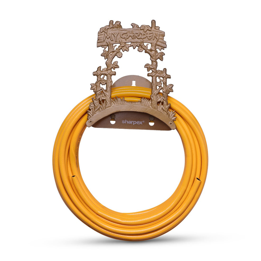 Sharpex DIY Hose Hanger for Garden Pipe | Decorative Wall Mounted Garden Pipe Holder for Hotel, Backyard, Garden, and Indoor - Outdoor | Heavy Duty Metal Portable Hose Pipe Holder Only (Gold, HOS-GL-018)