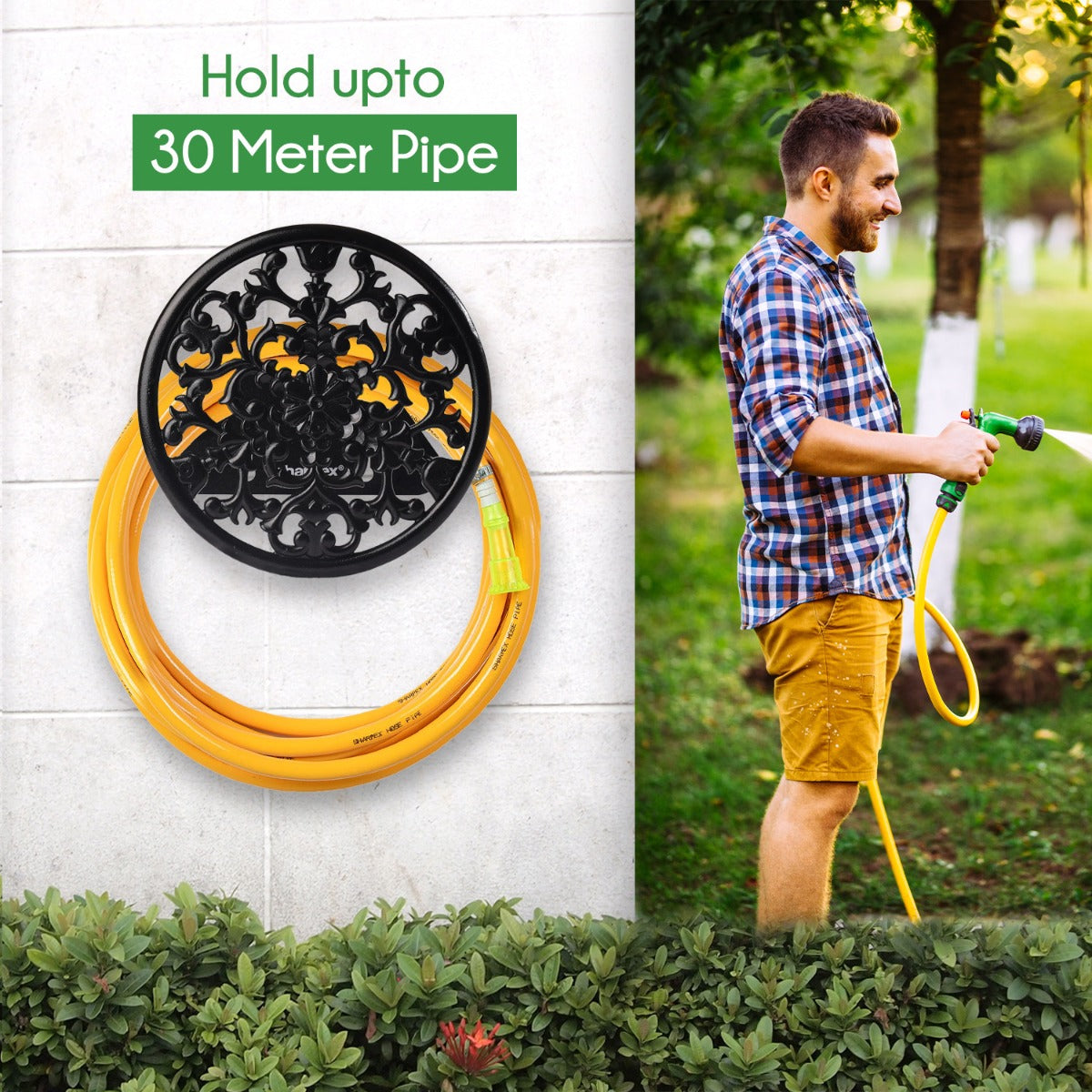 Sharpex DIY Hose Hanger for Garden Pipe - Ornamental Garden Pipe Holder Wall Mounted for Garden, Hotel, Backyard and Outdoor - Heavy Duty Metal Portable Irrigation Hose Pipe Holder Only (Black, HOS-BL-016)