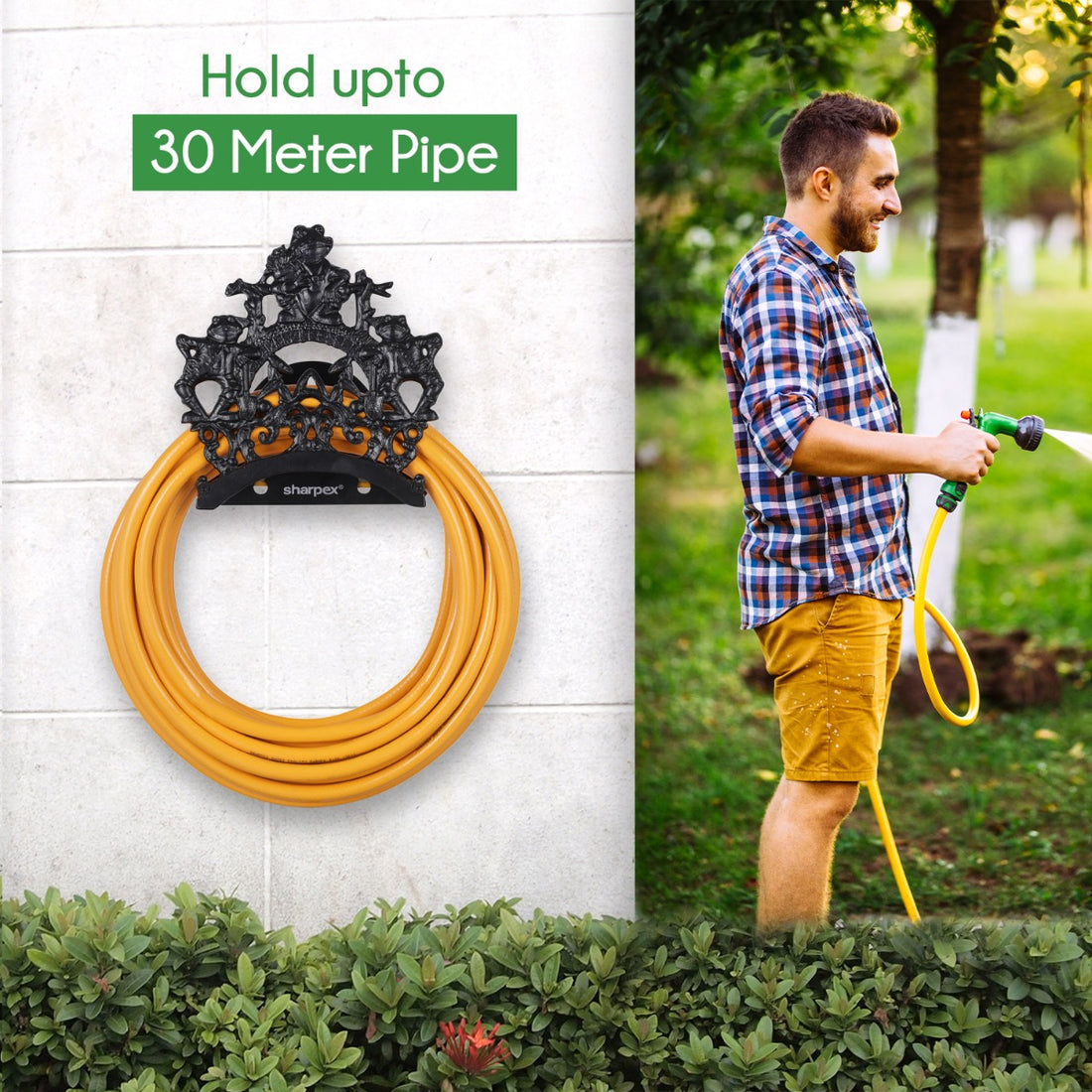 Sharpex DIY Hose Hanger for Garden Pipe | Decorative Wall Mounted Garden Pipe Holder for Hotel, Backyard, Garden, and Indoor - Outdoor | Heavy Duty Metal Portable Hose Pipe Holder Only (HOS-BL-017)