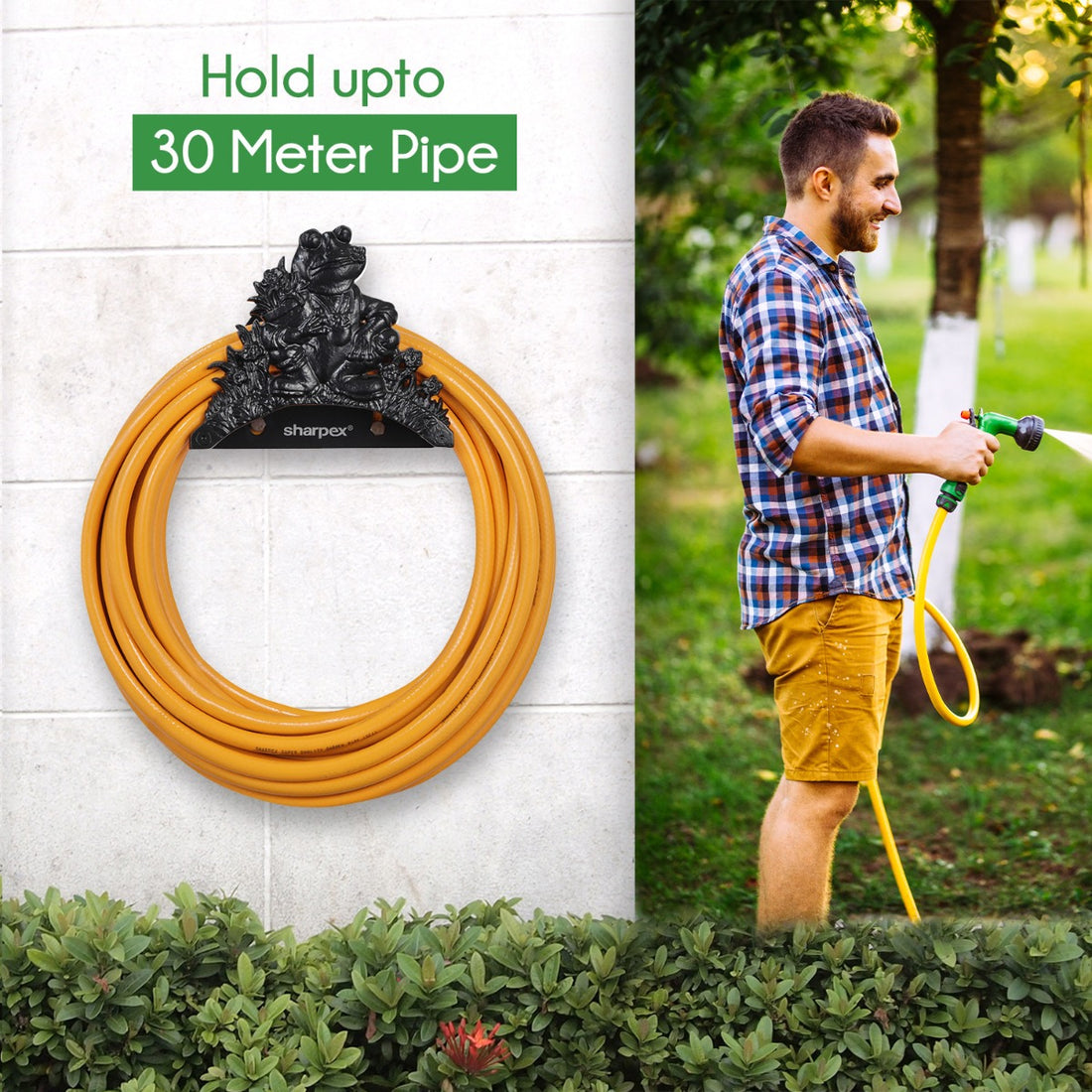Sharpex DIY Hose Hanger for Garden Pipe | Decorative Wall Mounted Garden Pipe Holder for Hotel, Backyard, Garden, and Indoor - Outdoor | Heavy Duty Metal Portable Hose Pipe Holder Only (HOS-BL-019)