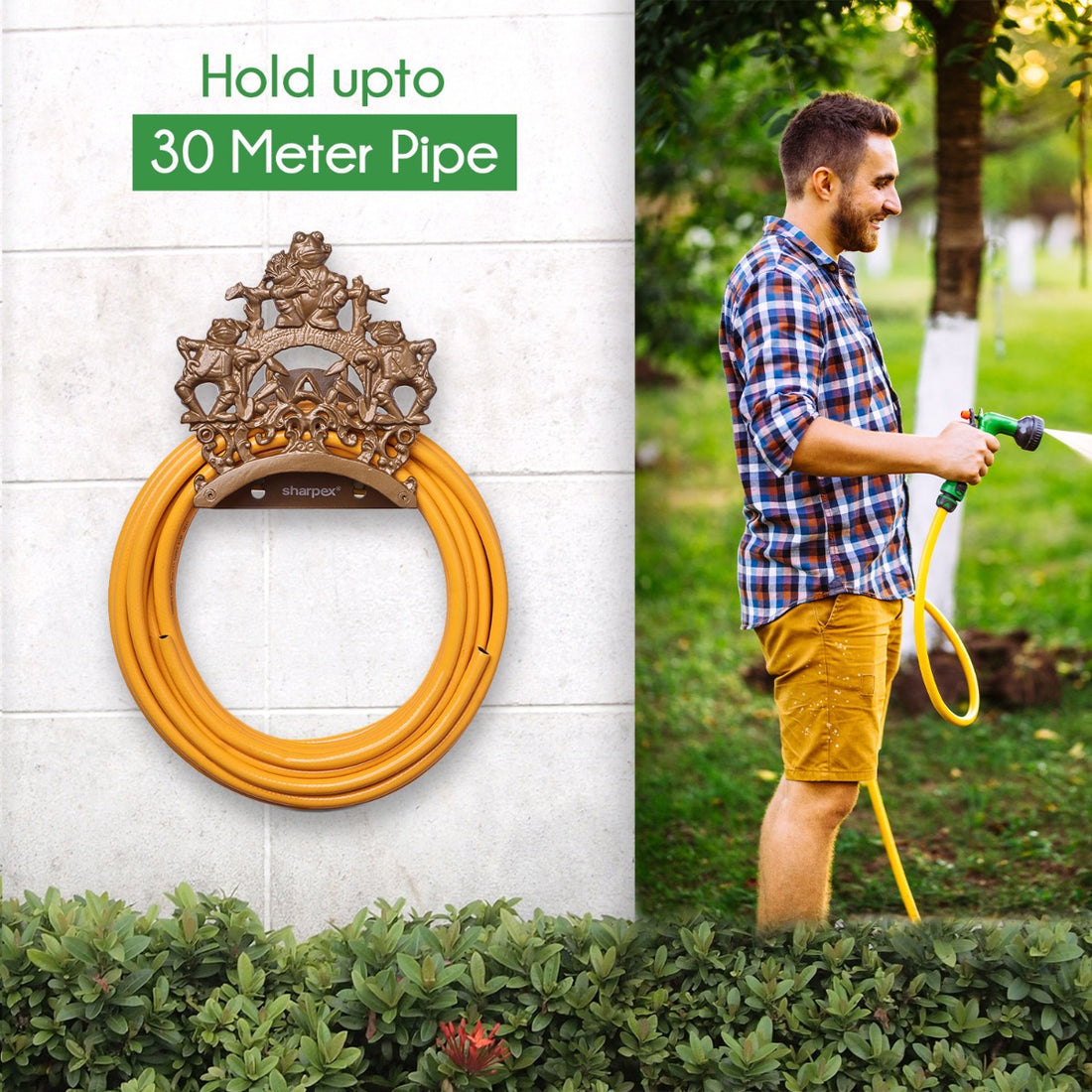 Sharpex DIY Hose Hanger for Garden Pipe | Decorative Wall Mounted Garden Pipe Holder for Hotel, Backyard, Garden, and Indoor - Outdoor | Heavy Duty Metal Portable Hose Pipe Holder Only (Gold, HOS-GL-017)