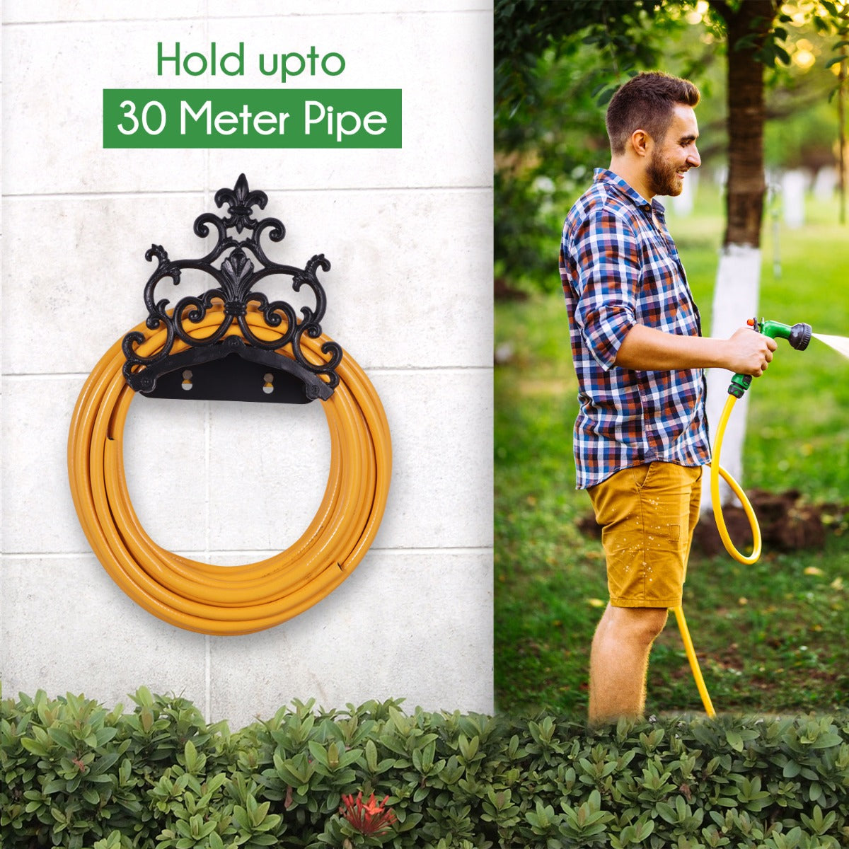 Sharpex DIY Hose Hanger for Garden Pipe | Decorative Wall Mounted Garden Pipe Holder for Hotel, Backyard, Garden, and Indoor - Outdoor | Heavy Duty Metal Portable Hose Pipe Holder Only (HOS-BL-021)
