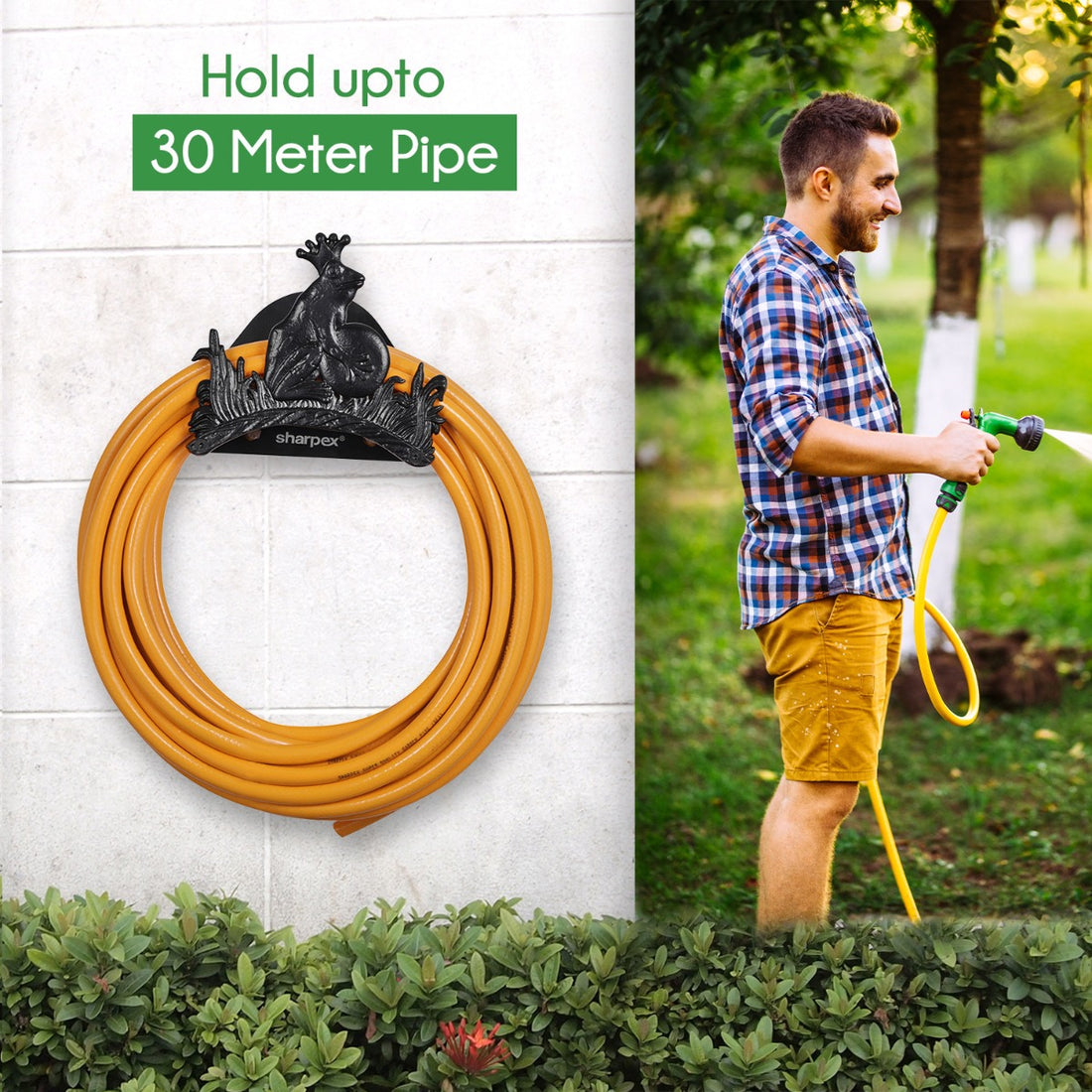 Sharpex DIY Hose Hanger for Garden Pipe | Decorative Wall Mounted Garden Pipe Holder for Hotel, Backyard, Garden, and Indoor - Outdoor | Heavy Duty Metal Portable Hose Pipe Holder Only (HOS-BL-023)