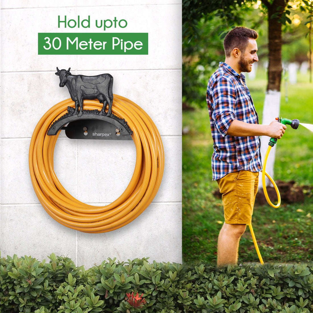 Sharpex DIY Hose Hanger for Garden Pipe | Decorative Wall Mounted Garden Pipe Holder for Hotel, Backyard, Garden, and Indoor - Outdoor | Heavy Duty Metal Portable Hose Pipe Holder Only (HOS-BL-024)