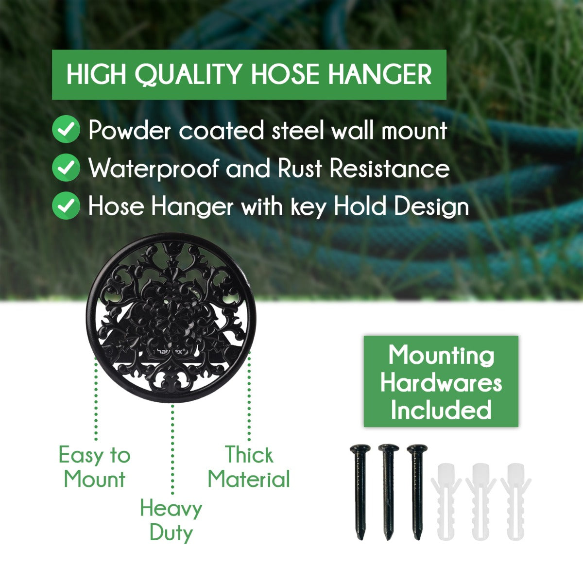 Sharpex DIY Hose Hanger for Garden Pipe - Ornamental Garden Pipe Holder Wall Mounted for Garden, Hotel, Backyard and Outdoor - Heavy Duty Metal Portable Irrigation Hose Pipe Holder Only (Black, HOS-BL-016)