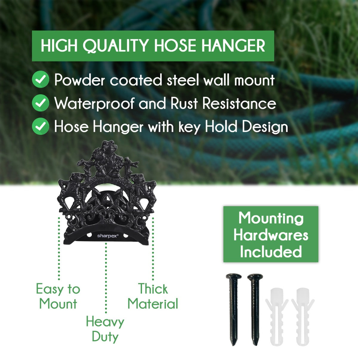 Sharpex DIY Hose Hanger for Garden Pipe | Decorative Wall Mounted Garden Pipe Holder for Hotel, Backyard, Garden, and Indoor - Outdoor | Heavy Duty Metal Portable Hose Pipe Holder Only (HOS-BL-017)