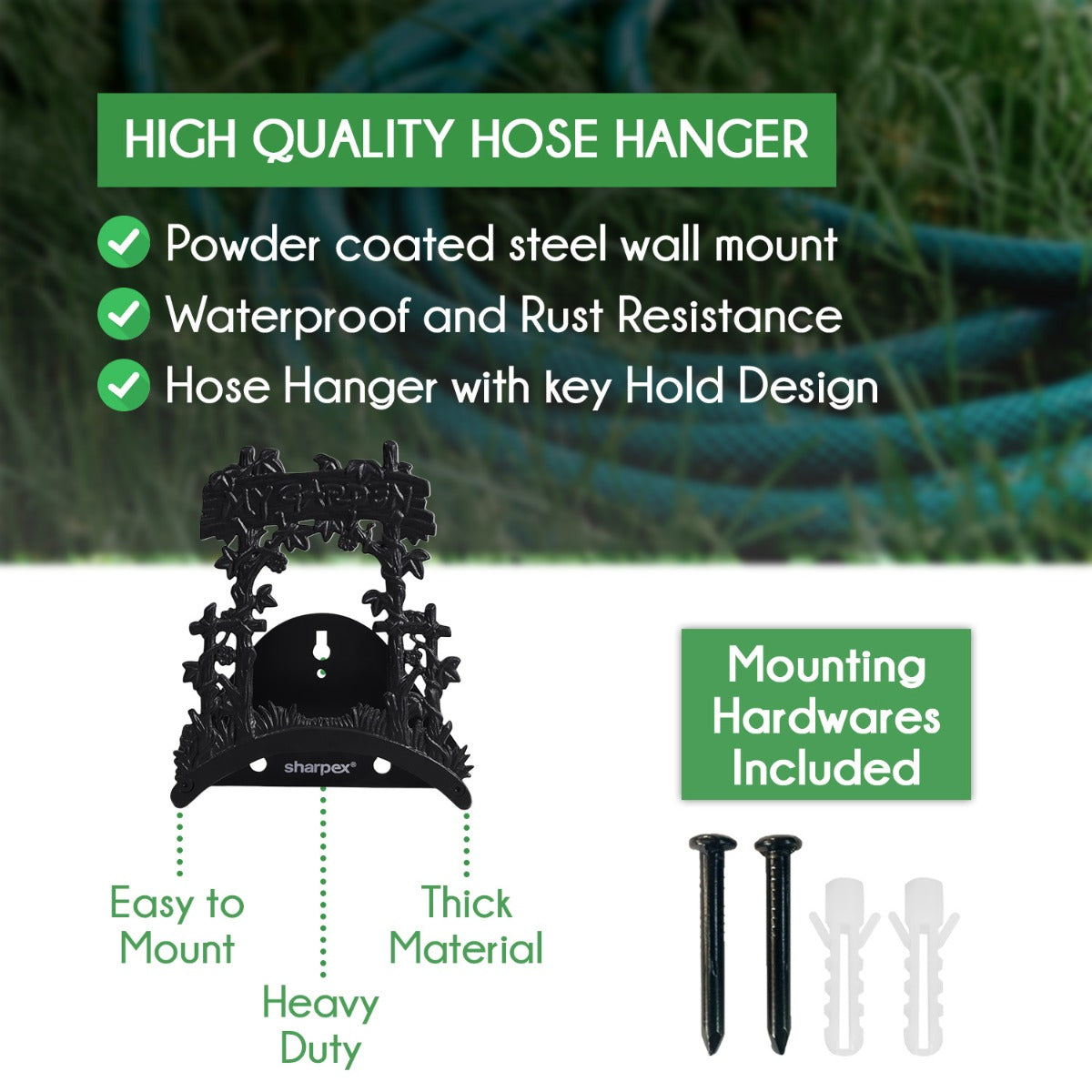 Sharpex DIY Hose Hanger for Garden Pipe | Decorative Wall Mounted Garden Pipe Holder for Hotel, Backyard, Garden, and Indoor - Outdoor | Heavy Duty Metal Portable Hose Pipe Holder Only (HOS-BL-018)