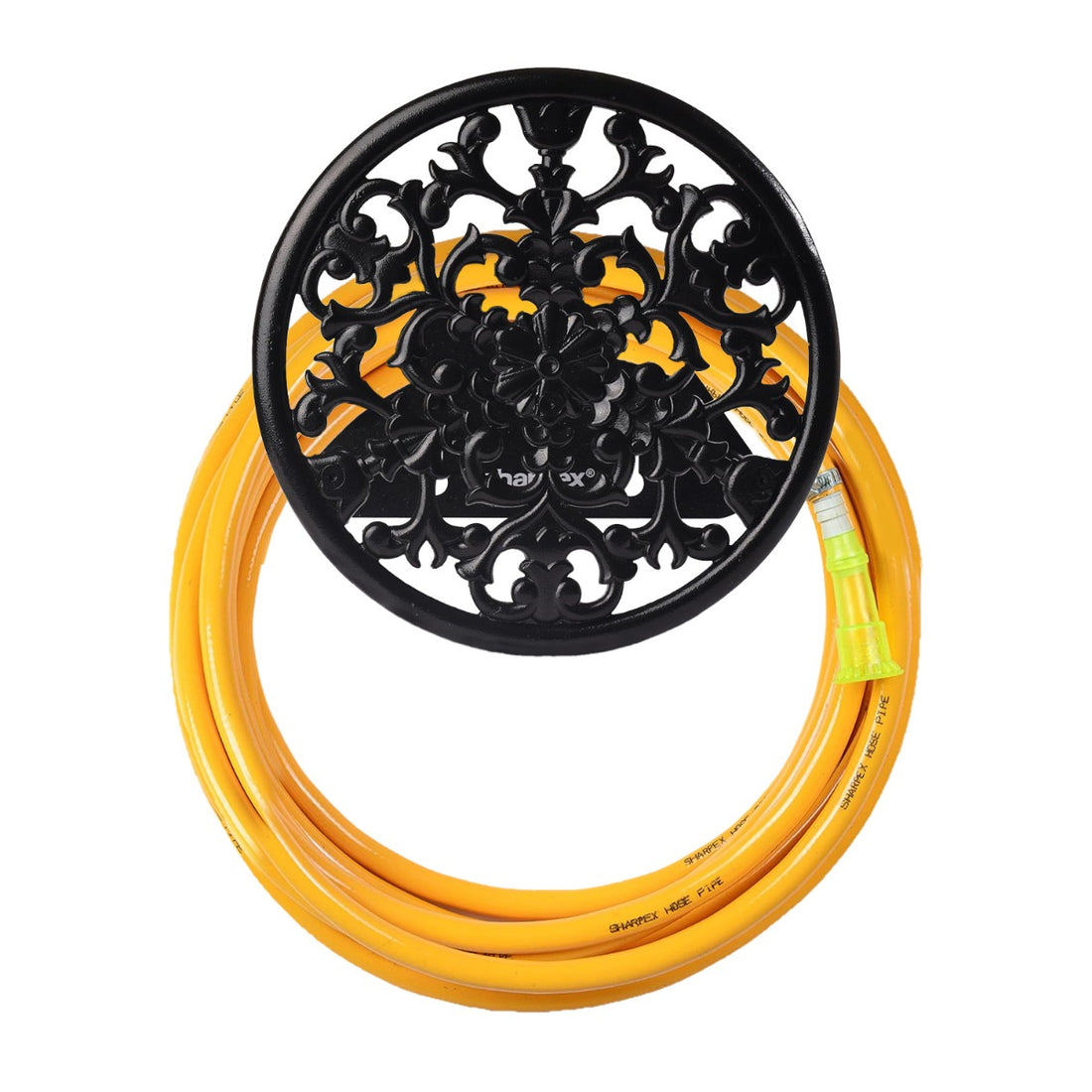 Sharpex DIY Hose Hanger for Garden Pipe - Ornamental Garden Pipe Holder Wall Mounted for Garden, Hotel, Backyard and Outdoor - Heavy Duty Metal Portable Irrigation Hose Pipe Holder Only (Black, HOS-BL-016)