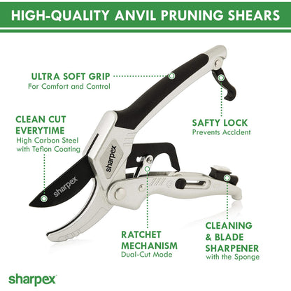 Professional Ratchet Garden Pruning Shears (Alum. Handles) - Anvil Type