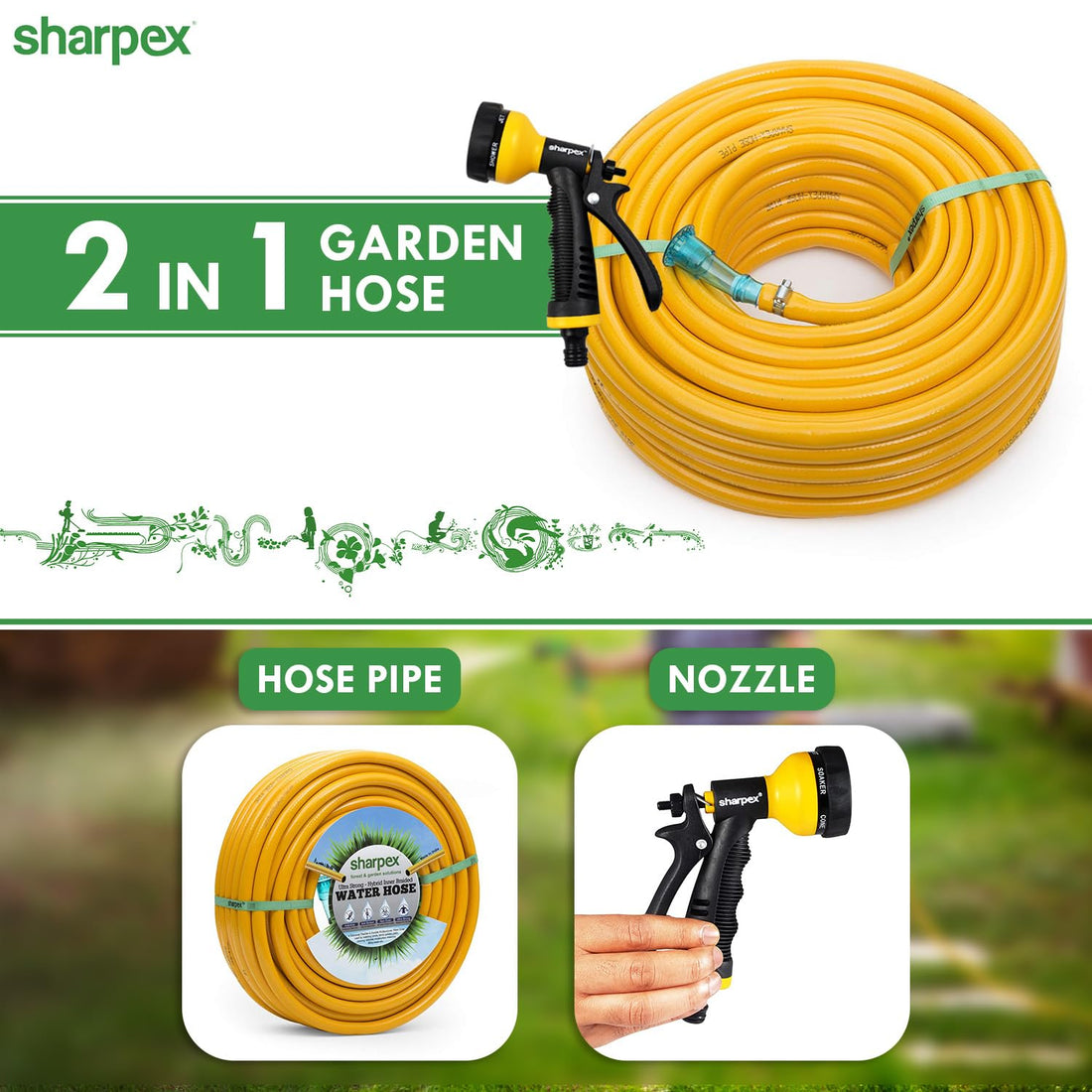 Sharpex Combo Of 10 Meter 0.5 Inch Hose Pipe and High-Pressure Water Gun Nozzle Spray Garden Hose, Lawn, Car, Bike Washing,  Pets cleaning Sprinkler Water Gun Heavy Duty Lightweight, Durable &amp; Flexible (CO-HOSE-NOS-YL-001-N)