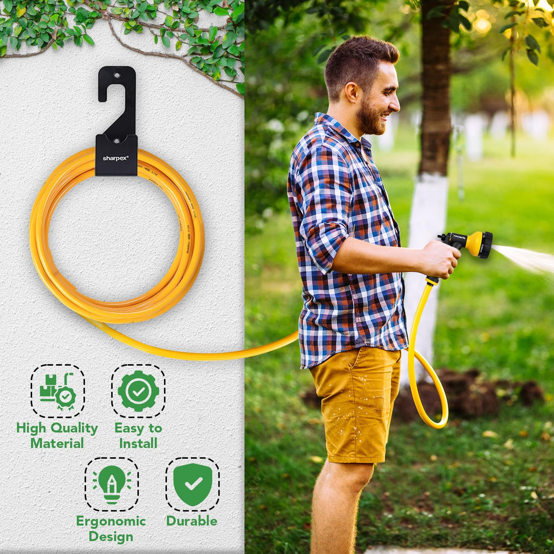 Sharpex Combo of 3 Hose Pipe with Nozzle and Pipe Holder | 10 Meter Yellow Durable Hose Pipe For Gardening | 6 Mode High Pressure Water Gun Nozzle | Heavy Duty Wall Mount Hose Hanger for Yard Lawn (CO-YL-HOS-012-001-N)