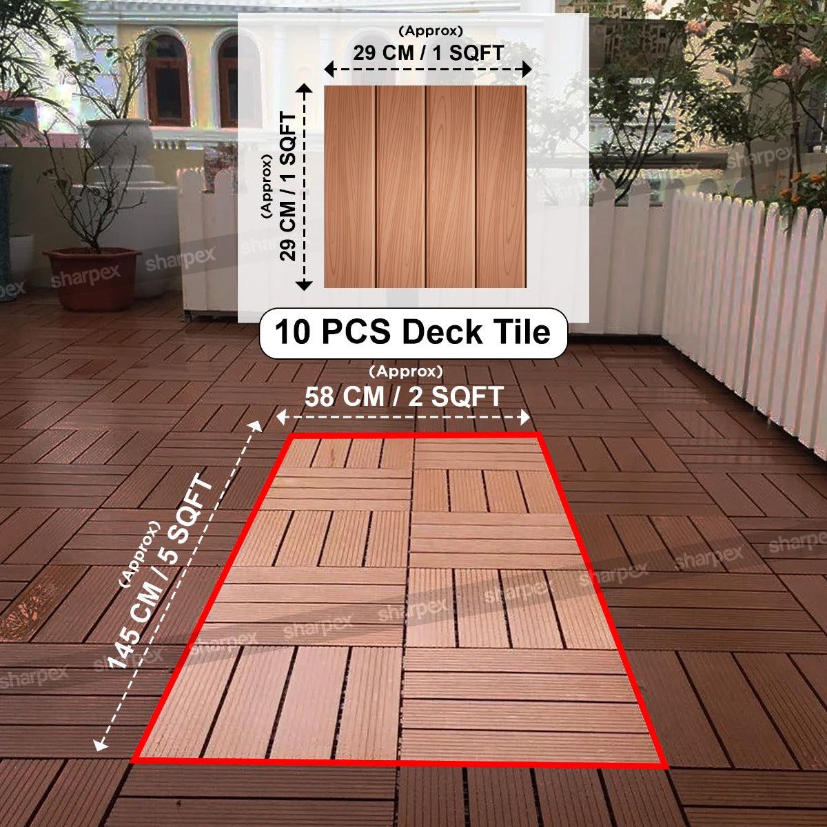 Sharpex WPC Deck Tiles with Interlocking | 10 Piece Floor Decking Water Resistant Tile for Balcony, Terrace, Garden, Poolside | Quick Flooring Solution for Indoor/Outdoor(CO10-TIL-TK-010)