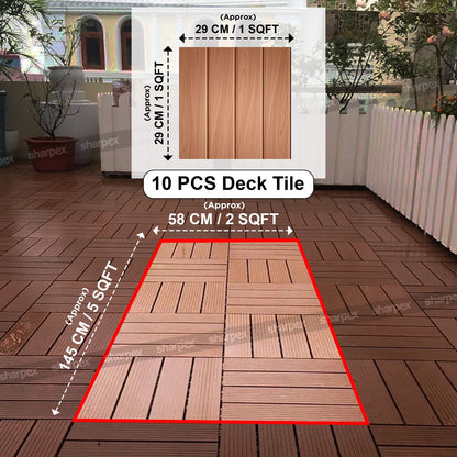 Sharpex WPC Deck Tiles with Interlocking | 10 Piece Floor Decking Water Resistant Tile for Balcony, Terrace, Garden, Poolside | Quick Flooring Solution for Indoor/Outdoor(CO10-TIL-TK-010)