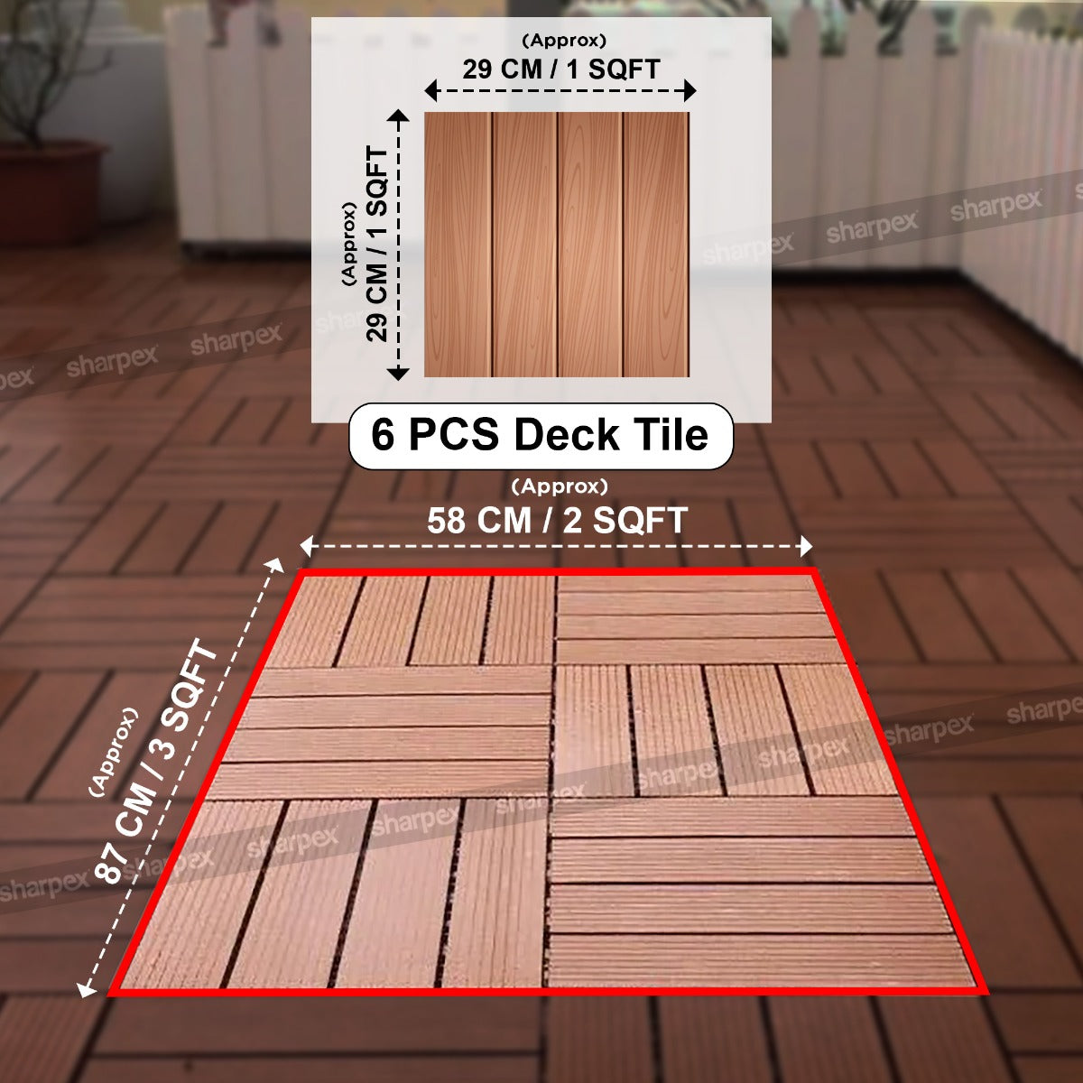 Sharpex WPC Deck Tiles with Interlocking | 6 Piece Floor Decking Water Resistant Tile for Balcony, Terrace, Garden, Poolside | Quick Flooring Solution for Indoor/Outdoor(CO6-TIL-TK-014)