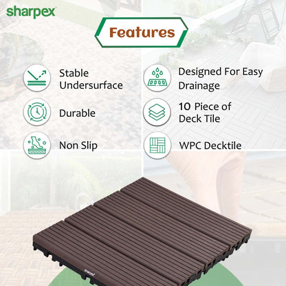 Sharpex WPC Deck Tiles with Interlocking | 10 Piece Floor Decking Water Resistant Tile for Balcony, Terrace, Garden, Poolside | Quick Flooring Solution for Indoor/Outdoor(CO10-TIL-CF-010)