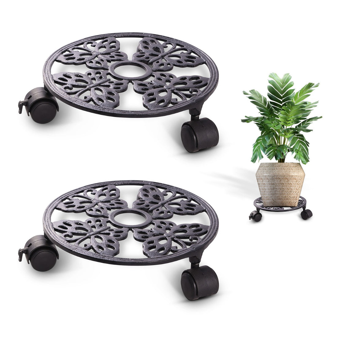 Sharpex Heavy Duty Plant Pot Trolley with Wheels | 2 PC Round Plant Stand with Wheels for Indoor &amp; Outdoor Pots, Rolling Wheels Metal Potted Plant Holder for House, Garden &amp; Patio (CO-TRL-BL-030)