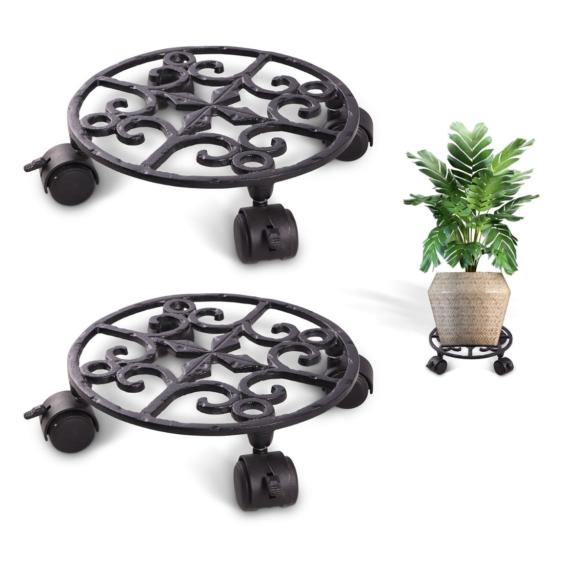 Sharpex Heavy Duty Plant Pot Trolley with Wheels | 2 PC Round Plant Stand with Wheels for Indoor &amp; Outdoor Pots, Rolling Wheels Metal Potted Plant Holder for House, Garden &amp; Patio (CO-TRL-BL-033)