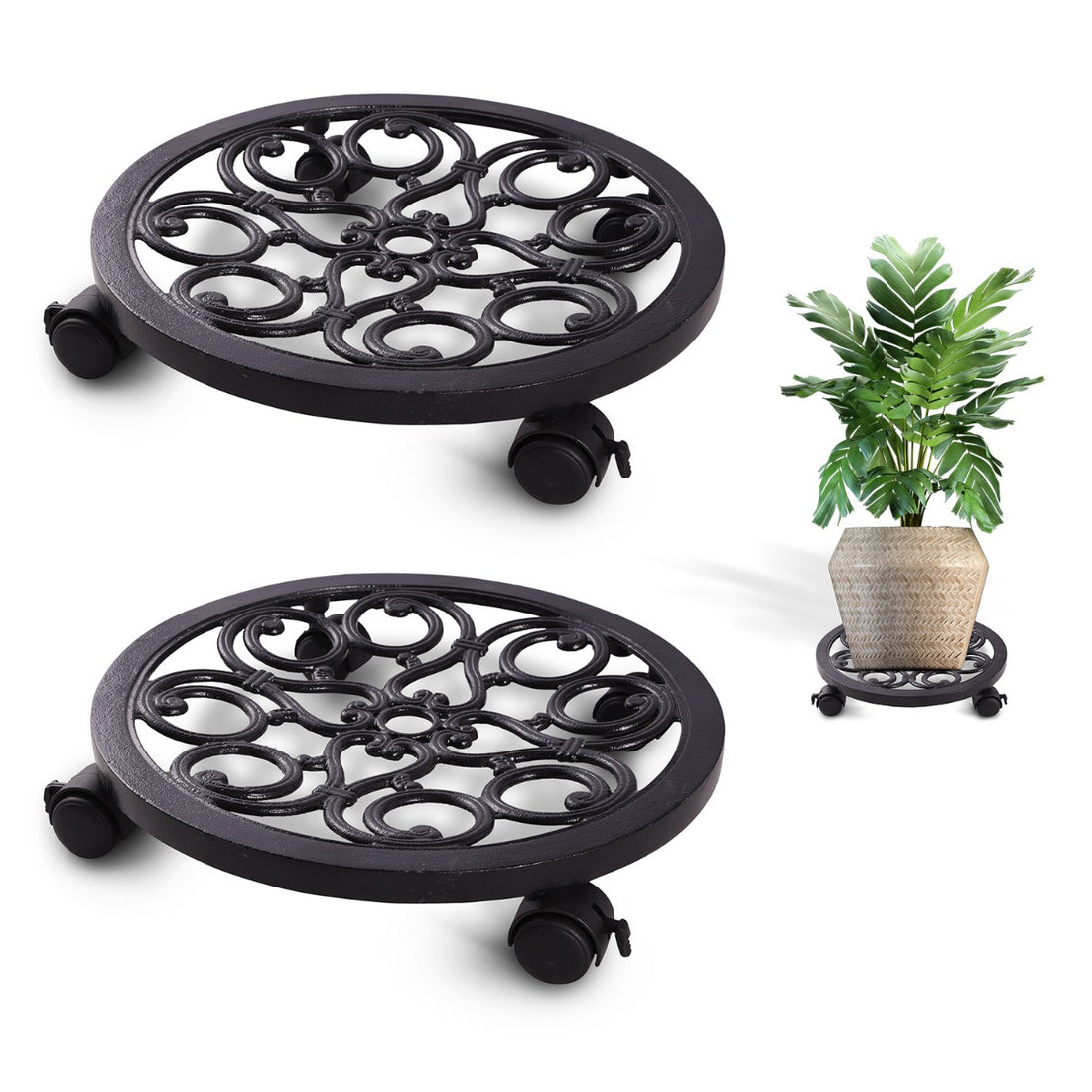 Sharpex Heavy Duty Plant Pot Trolley with Wheels | 2 PC Round Plant Stand with Wheels for Indoor &amp; Outdoor Pots, Rolling Wheels Metal Potted Plant Holder for House, Garden &amp; Patio (CO-TRL-BL-034)