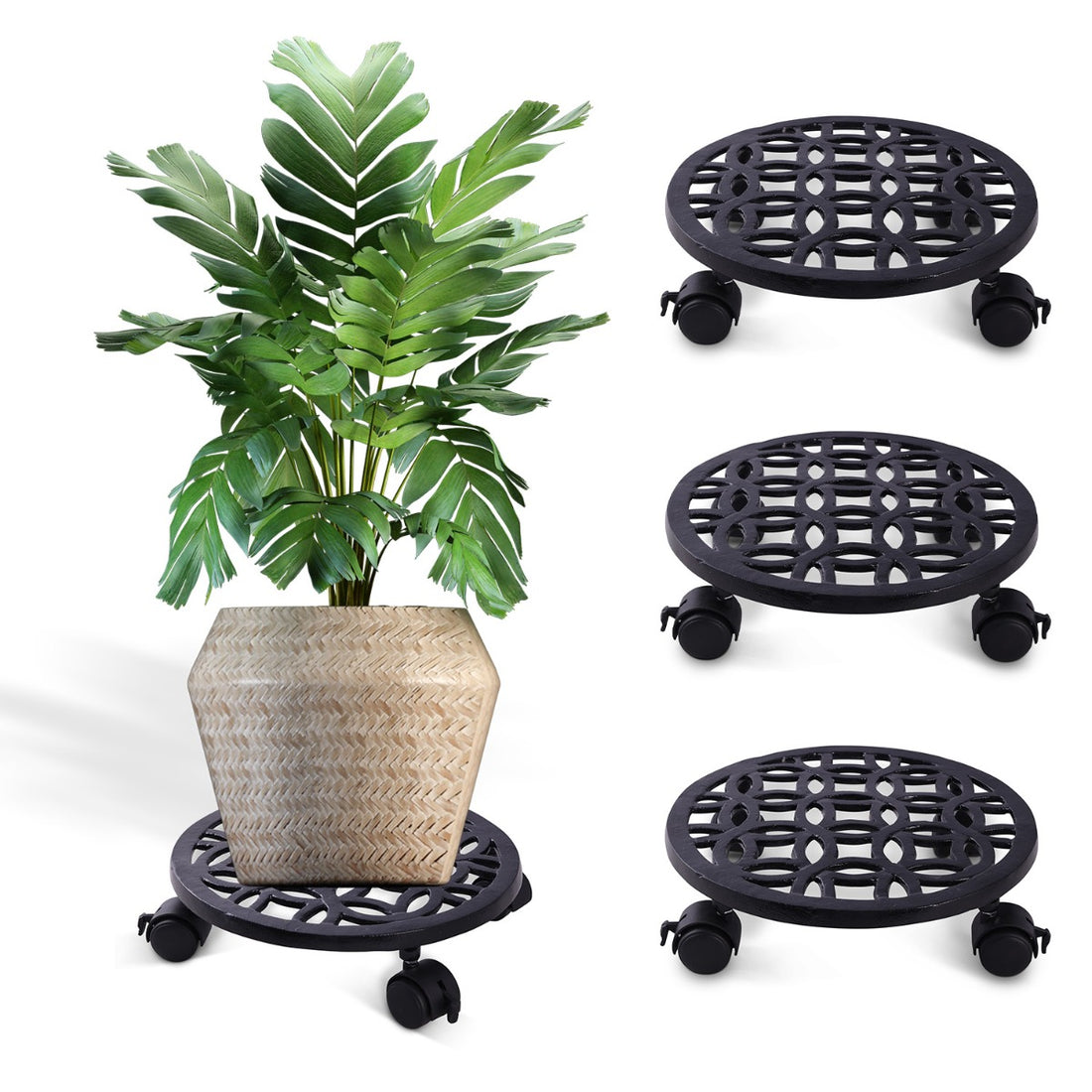 Sharpex Heavy Duty Plant Pot Trolley with Wheels | 4 PC Round Plant Stand with Wheels for Indoor &amp; Outdoor Pots, Rolling Wheels Metal Potted Plant Holder for House, Garden &amp; Patio (CO4-TRL-BL-028)
